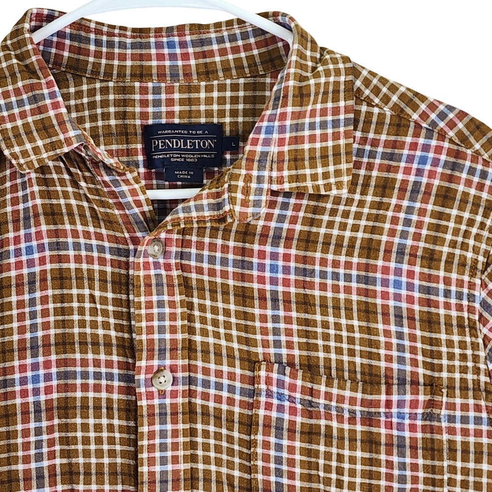 VTG Pendleton Plaid‎ Short Sleeve Button Down Mens Large Brown Casual Heritage